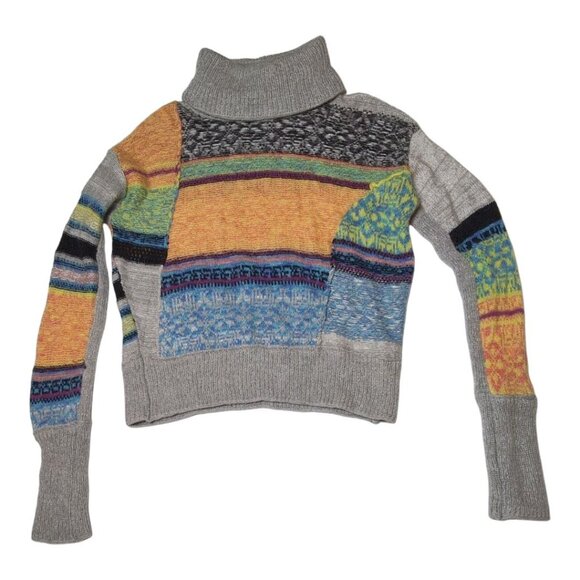 Free People Patchwork Turtleneck Sweater Womens Small Boho Striped Multicolor - Picture 1 of 6
